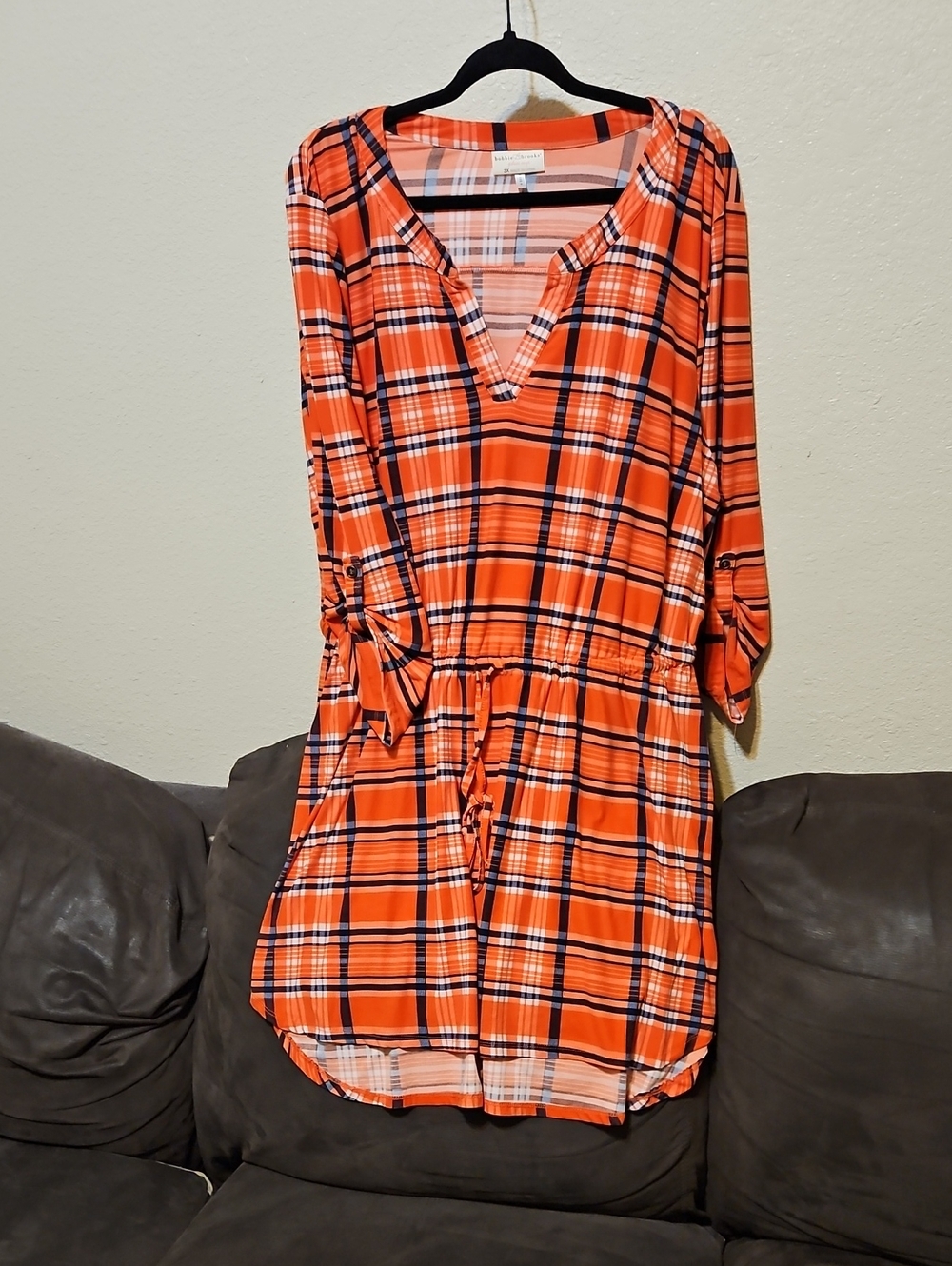 Bobbie Brooks Orange Plaid V-Neck Drawstring Midi Dress
